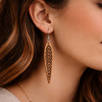 Close-up view of a woman’s ear wearing a long, leaf-shaped wooden earring with delicate laser-cut details. The earring hangs from a silver hook, highlighting the natural wood grain against her skin and softly lit background.”
