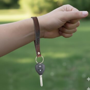 Χέρι τεντωμένο σε εξωτερικό χώρο με πράσινο φόντο, όπου κρέμεται από τον καρπό ένα μακρύ καφέ δερμάτινο μπρελόκ χειρός με χαραγμένο όνομα και μικρό αστέρι. Στο άκρο του μπρελόκ υπάρχει μεταλλικός κρίκος με ένα μαύρο κλειδί αυτοκινήτου και μεταλλικό κλειδί να κρέμονται προς τα κάτω.