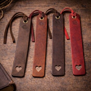 Four handmade leather bookmarks arranged side by side on a rustic wooden surface, in walnut, mahogany, English bridle, and deep red tones. Each bookmark features a suede cord at the top, a small embossed detail, and a heart-shaped cutout at the bottom that is fully see-through, revealing the wood beneath, photographed in warm, moody lighting with soft shadows.