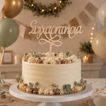 Ξύλινο cake topper «Συγχαρητήρια» τοποθετημένο σε λευκή τούρτα με πολύχρωμη διακόσμηση, μπαλόνια και εορταστικό σκηνικό σε ουδέτερες χαρούμενες αποχρώσεις.