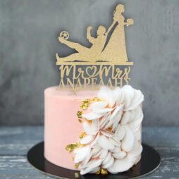 Ξύλινο Τόπερ για Τούρτα Γάμου Νύφη, Γαμπρός και Ποδόσφαιρο πάνω σε τούρτα