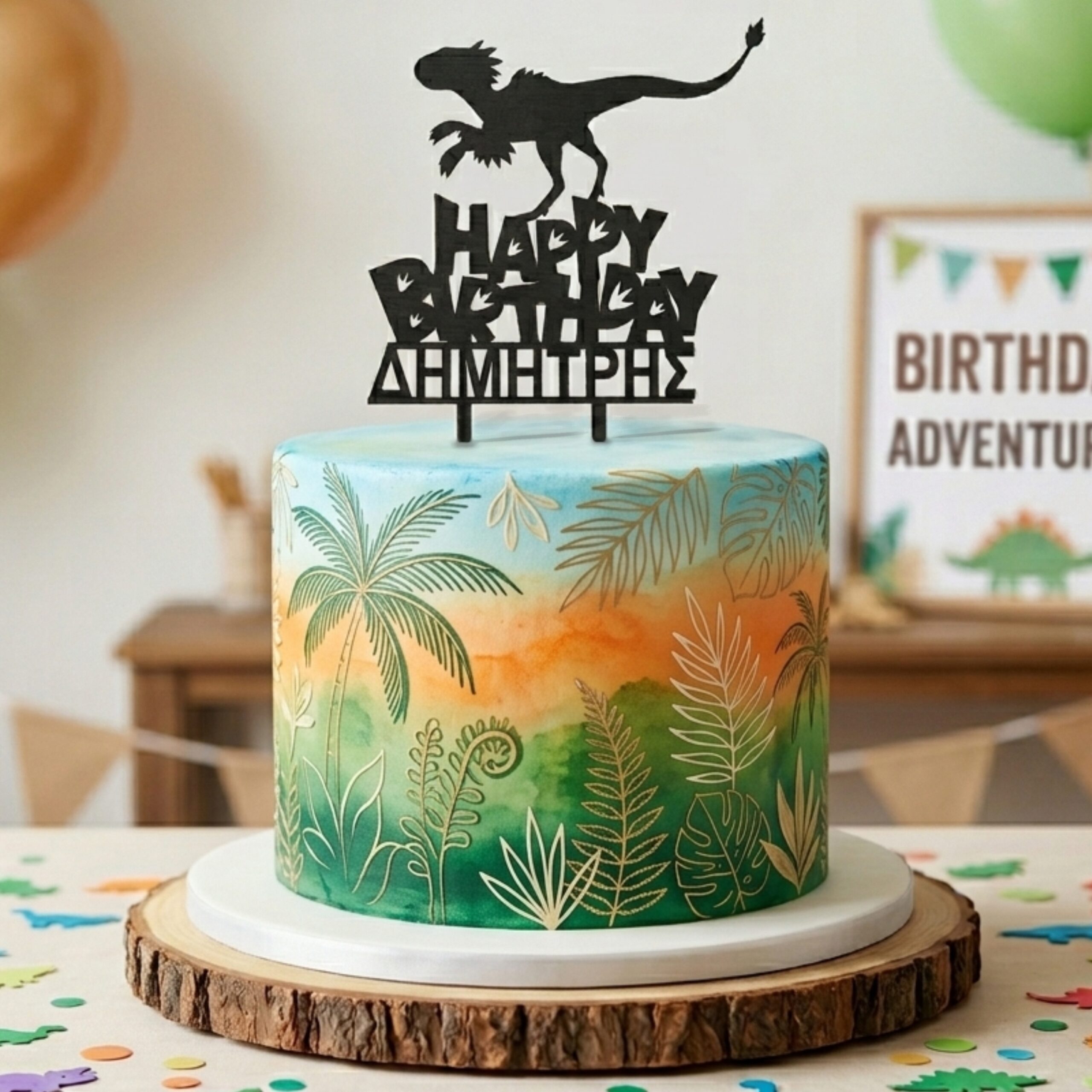 Ξύλινο Τόπερ για Τούρτα Happy Birthday Δεινόσαυρος Raptor με Όνομα