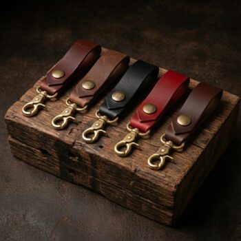 Five leather keychains in mahogany, walnut, black, red, and dark English bridle brown are lined up on a rustic wood block. Each keychain features an antique brass snap and a swivel lobster clasp, set against a dark, moody background.