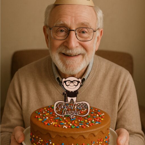 ηλικιωμένος κύριος με γενειάδα και γυαλιά που κρατάει τούρτα με διακοσμητικό τόπερ που λέει χρόνια πολλά παππού με έναν παπού με μπαστούνι και γυαλιά