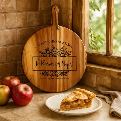 ποσωποποιμένο Στρογγυλό Ξύλο Κοπής & Σερβιρίσματος με Χάραξη "Είναι η πιο νόστιμη... Η Κουζίνα της Μαμάς - Με αγάπη Ελισάβετ". Προσωποποιημένη ξύλινη επιφάνεια διαμέτρου 35 με μήλοπιτα και μήλα σε πάγκο κουζίνας.