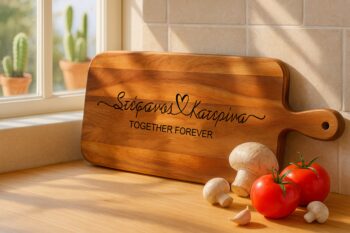 προσωποποιημένο Ξύλο Κοπής & Σερβιρίσματος Ακακίας με Χάραξη ονομάτων "Στέφανος & Κατερίνα" με καρδιά και το μήνυμα "TOGETHER FOREVER". Προσωποποιημένη επιφάνεια κοπής 59x20 σε πάγκο κουζίνας με ντομάτες, μανιτάρια και σκόρδο.