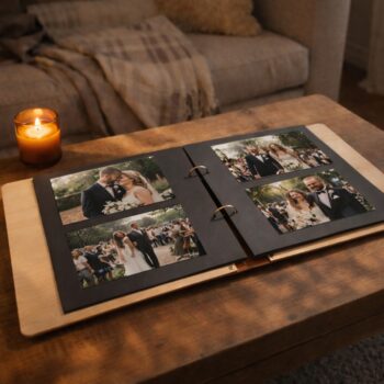 Ανοιχτό άλμπουμ φωτογραφιών γάμου επάνω σε ξύλινο τραπέζι σαλονιού, με μαύρες σελίδες και φωτογραφίες του ζευγαριού από την τελετή και τη δεξίωση. Το άλμπουμ είναι δεμένο με δύο μεταλλικούς κρίκους στο κέντρο. Δίπλα υπάρχει αναμμένο κερί, ενώ στο φόντο φαίνεται καναπές με κουβέρτα, δημιουργώντας ζεστή και ρομαντική ατμόσφαιρα.