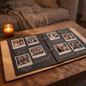 Ανοιχτό άλμπουμ φωτογραφιών γάμου επάνω σε ξύλινο τραπέζι σαλονιού, με μαύρες σελίδες και φωτογραφίες του ζευγαριού από την τελετή και τη δεξίωση. Το άλμπουμ είναι δεμένο με δύο μεταλλικούς κρίκους στο κέντρο. Δίπλα υπάρχει αναμμένο κερί, ενώ στο φόντο φαίνεται καναπές με κουβέρτα, δημιουργώντας ζεστή και ρομαντική ατμόσφαιρα.