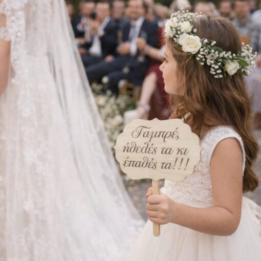 Ξύλινο Πλακάτ Γάμου με Μήνυμα που το κρατάει ένα παρανυφάκι δίπλα στη νύφη