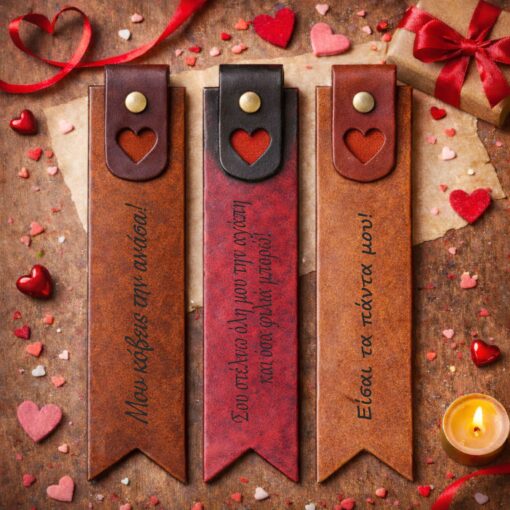 Τρεις χειροποίητοι δερμάτινοι σελιδοδείκτες σε καφέ και κόκκινες αποχρώσεις, με διακοσμητική καρδιά στο πάνω μέρος και χαραγμένα συναισθηματικά μηνύματα στα ελληνικά, τοποθετημένοι σε ρομαντικό φόντο με καρδιές και κερί.