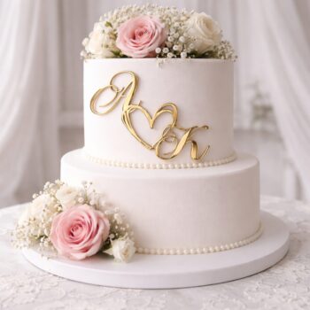 Χρυσό plexiglass διακοσμητικό με τα αρχικά A & K και καρδιά, τοποθετημένο στο πλάι λευκής γαμήλιας τούρτας με τριαντάφυλλα.