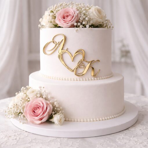 Χρυσό plexiglass διακοσμητικό με τα αρχικά A & K και καρδιά, τοποθετημένο στο πλάι λευκής γαμήλιας τούρτας με τριαντάφυλλα.
