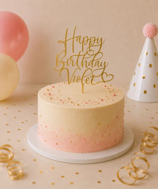 Χρυσό cake topper γενεθλίων από plexiglass με το όνομα "Violet" και σχέδιο καρδιάς