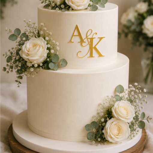 Χρυσό διακοσμητικό με τα αρχικά Α και Κ και σύμβολο & στο πλάι λευκής γαμήλιας τούρτας με λευκά τριαντάφυλλα