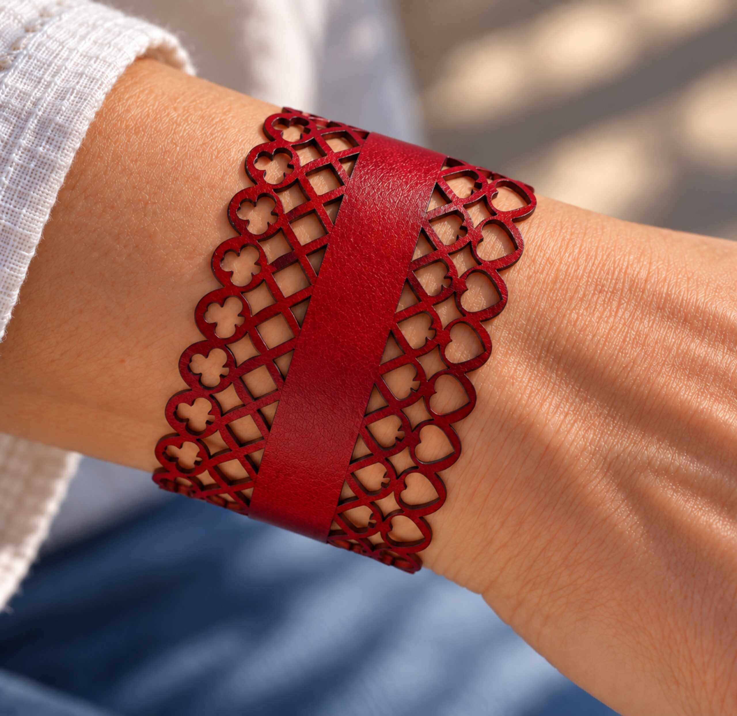 Κόκκινο δερμάτινο βραχιόλι με διάτρητο laser cut σχέδιο φορεμένο σε γυναικείο χέρι.