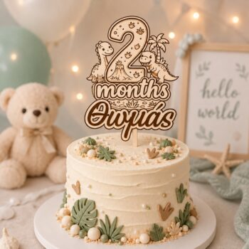 Τούρτα για μωρό 2 μηνών με προσωποποιημένο cake topper με τον αριθμό 2, χαριτωμένα δεινοσαυράκια, τροπικά φυτά και το όνομα Θωμάς, σε ασπρόμαυρο σχέδιο, με διακόσμηση σε μπεζ και πράσινες αποχρώσεις.