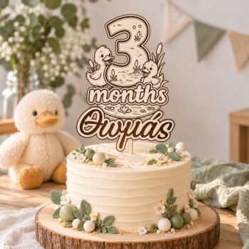 Προσωποποιημένο Ξύλινο Cake Topper 3 Μηνών με Παπάκια και Όνομα